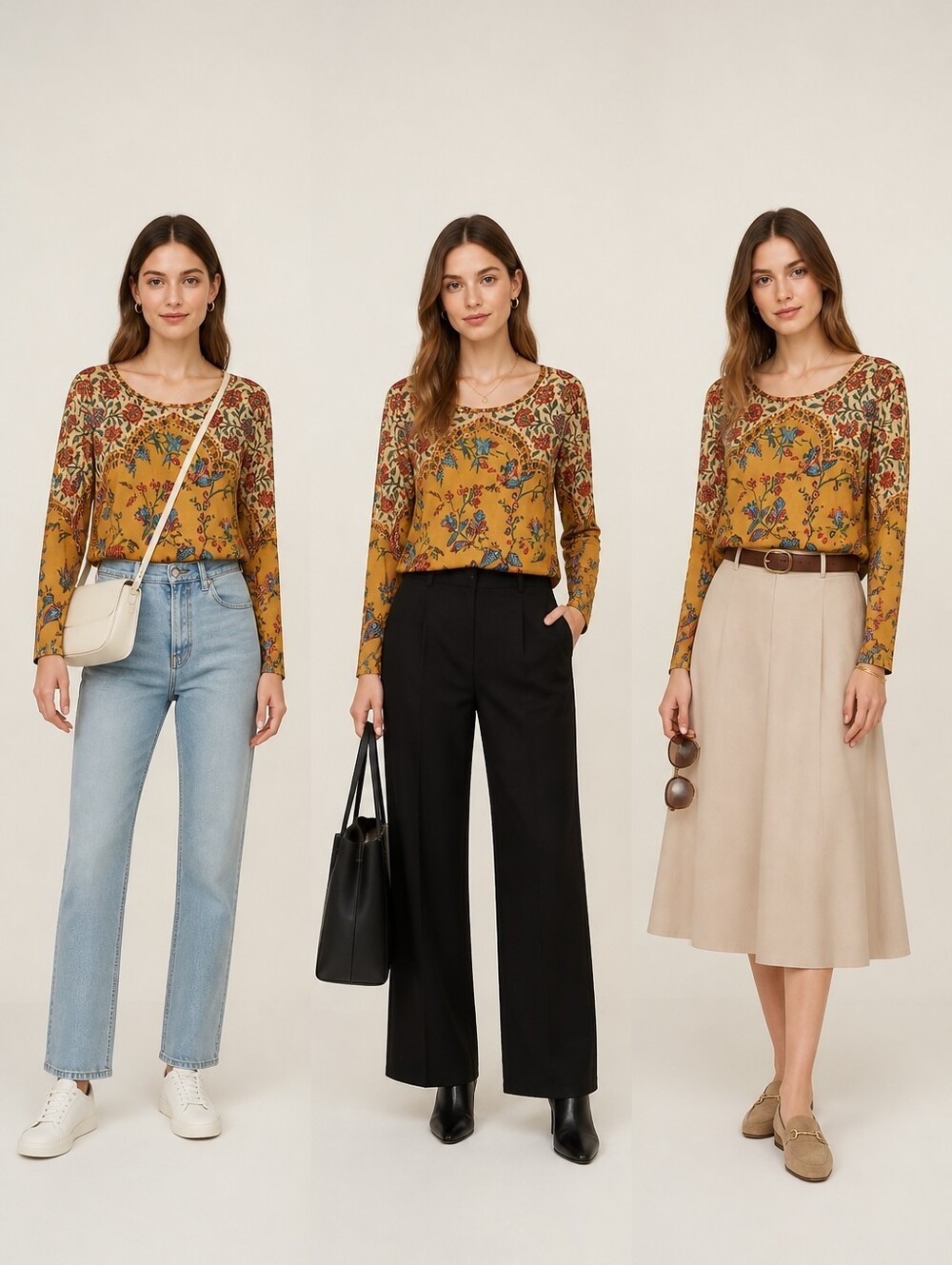 Mustard Floral Print Long Sleeve Tunic Top